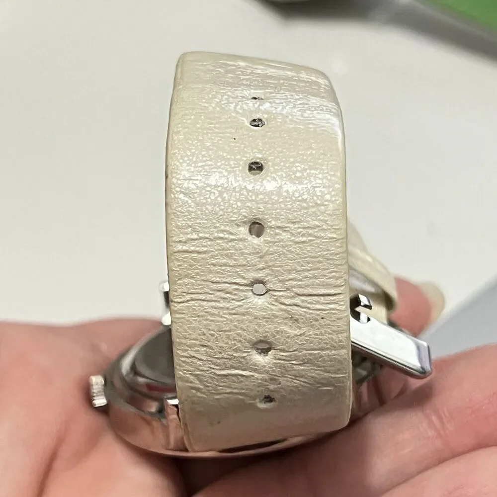 ALDO‎ AL795 Beautiful White Faux Leather Rhinestone Silver Bezel Watch